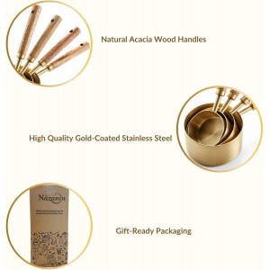 NAZANIN Gold Measuring Cups and Spoons Set with Leveler - 9 Piece Luxury Acacia Wood & Stainless Steel - Aesthetic Kitchen Decor - Professional Baking Tools - Wedding & Housewarming Gift