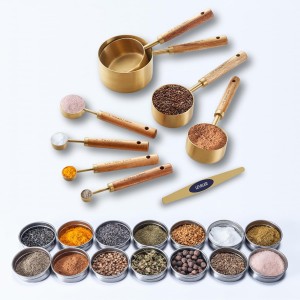 NAZANIN Gold Measuring Cups and Spoons Set with Leveler - 9 Piece Luxury Acacia Wood & Stainless Steel - Aesthetic Kitchen Decor - Professional Baking Tools - Wedding & Housewarming Gift