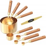 NAZANIN Gold Measuring Cups and Spoons Set with Leveler - 9 Piece Luxury Acacia Wood & Stainless Steel - Aesthetic Kitchen Decor - Professional Baking Tools - Wedding & Housewarming Gift