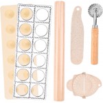 5 Pieces Ravioli Mold Set,Includes 12 Holes Ravioli Maker Press, Wood Rolling Pin,Dumpling Press Mold, Filling Spoon,Ravioli Cutter,for Ravioli Press Mold Pasta Making Tools