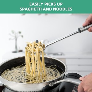 Spaghetti Spoon, Stainless Steel Pasta Spoon for Serving and Cooking, 13.4 Inch Pasta Fork with Teeth for Noodles, Ramen and Tagliolini, Comfortable Grip Design, Silver