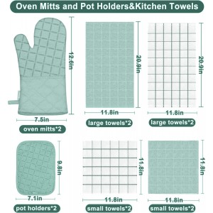 Oven Mitts Pot Holders Sets/Kitchen Towels and Dishcloths, Oven Gloves Kitchen Dish Towels 500 Degree Heat Resistant Potholders with Non-Slip Silicone Surface for Cooking, Grilling, Baking-Mint Green