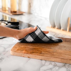 Blue Needles Set of 8 Waffle Weave Check Plaid Dish Cloths, 12x12 Inches 100% Cotton Dish Towels for Kitchen, Ultra Soft & Absorbent Kitchen Towels for Quick Drying Spring Summer - Black & White