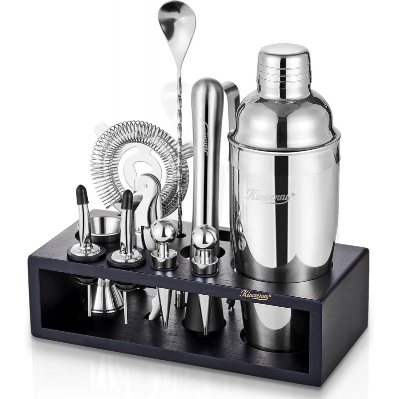 KITESSENSU Cocktail Shaker Set with Stand | Mixology Bartender Kit Bar Set with Essential Bar Accessories for Home Bar: Martini Shaker, Jigger, Muddler, Bar Spoon | Drink Mixer Cocktail Kit