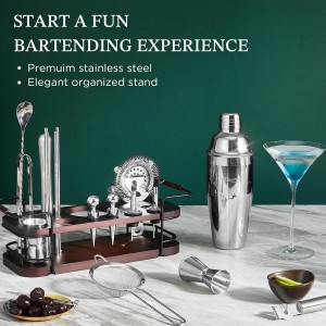 KITESSENSU Cocktail Shaker Set Bartender Kit with Stand | Complete 24-Piece Bar Set Cocktail Kit with All Bar Accessories: Martini Shaker, Jigger, Muddler | Drink Mixer Set for Home Bar Cocktails