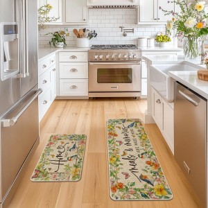 Artoid Mode Bird Flowers Butterfly Spring Kitchen Mats Set of 2, Summer Home Decor Low-Profile Kitchen Rugs for Floor - 17x29 and 17x47 Inch