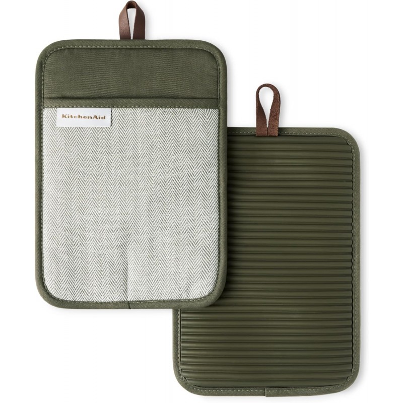 KITCHENAID® Evergreen Design Series Herringbone Ribbed Soft Silicone Pot Holders 2-Pack Set, Heat Resistant up to 500°F, Flexible & Waterproof, Deep Forest Green, 7