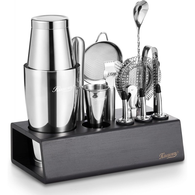 KITESSENSU Boston Shaker Set Mixology Bartender Kit | Premium Cocktail Shaker Kit with Stand Professional Home Bar Tools Accessories: Martini Shaker, Citrus Tools, Fine Mesh Strainers, Muddler, Jigger