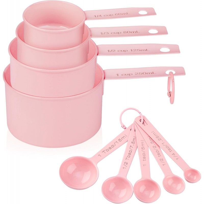 Measuring Cups and Spoons Set of 9, Stainless Steel Measuring cup for Cooking and Baking, Measuring spoons for Dry and Liquid Ingredients (Pink)
