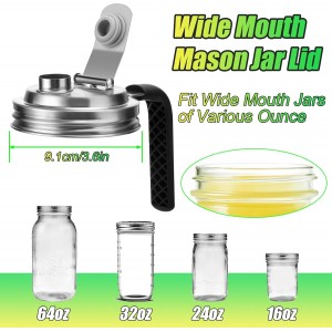 Mason Jar Pour Spout Lid Stainless Steel with Handle, Wide Mouth Pour Spout Flip Cap Lids for Mason Jars, Anticracking Leak Proof Seal Cover Airtight for Drinking Salad Dressing & Food Storing(2PCS)