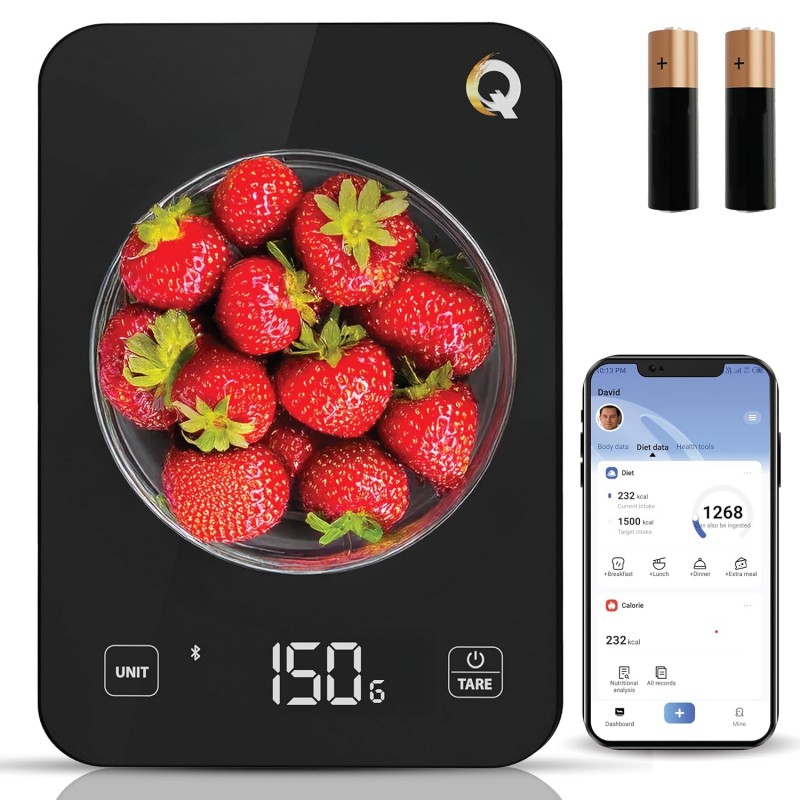 Qahar Food Scale with Nutritional Calculator, Waterproof LED Display Digital Kitchen Scale for Weight Loss Cooking Baking Keto Macro Diet, Calorie Counting, Black Glass, 22lb/10kg