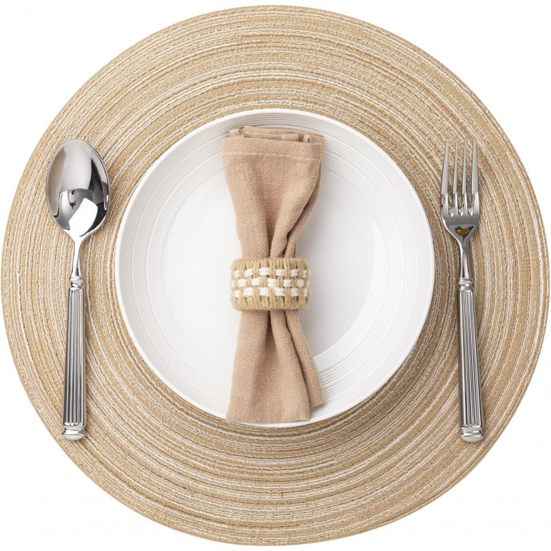 Round Placemats Set of 6 Woven Placemats Washable Braided Table Mats for Dining Table Heat Resistant Non-Slip Circle Place Mats(Beige)