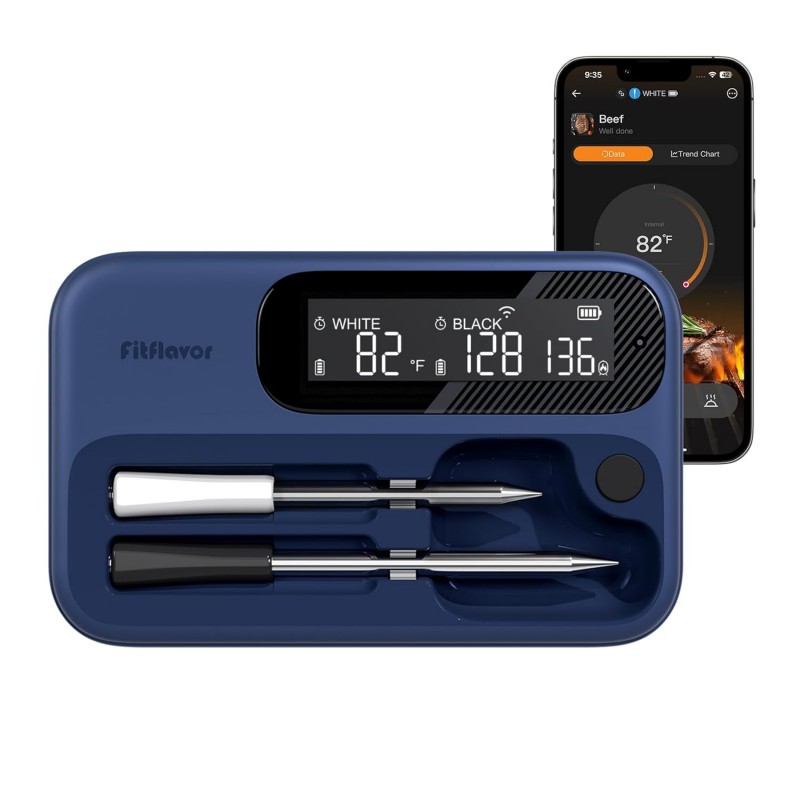 Meat Thermometer Wireless with Dual Probes for Grilling & Smoking | Fitflavor Bluetooth WiFi Meat Thermometer - Smart Meat Probe for BBQ, Oven, Rechargeable IP67 Waterproof