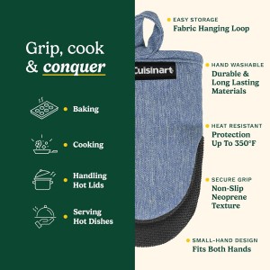 Cuisinart Mini Oven Mitts – 5.5” x 7” Heat-Resistant Kitchen Mitts for Oven with Non-Slip Neoprene Palm, Cotton Filling, and Fabric Loop – Durable Oven Mitt Set for Cooking & Baking (Chambray)