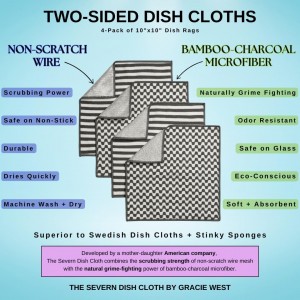 Severn Dish Cloths for Washing Dishes 4pk. Odor-Resistant Dish Rags with Non-Scratch Wire Scrubber Side for Kitchen Cleaning. Grime-Fighting Bamboo-Charcoal Microfiber 2-Sided Dishrags. Machine Wash