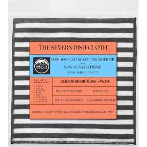 Severn Dish Cloths for Washing Dishes 4pk. Odor-Resistant Dish Rags with Non-Scratch Wire Scrubber Side for Kitchen Cleaning. Grime-Fighting Bamboo-Charcoal Microfiber 2-Sided Dishrags. Machine Wash