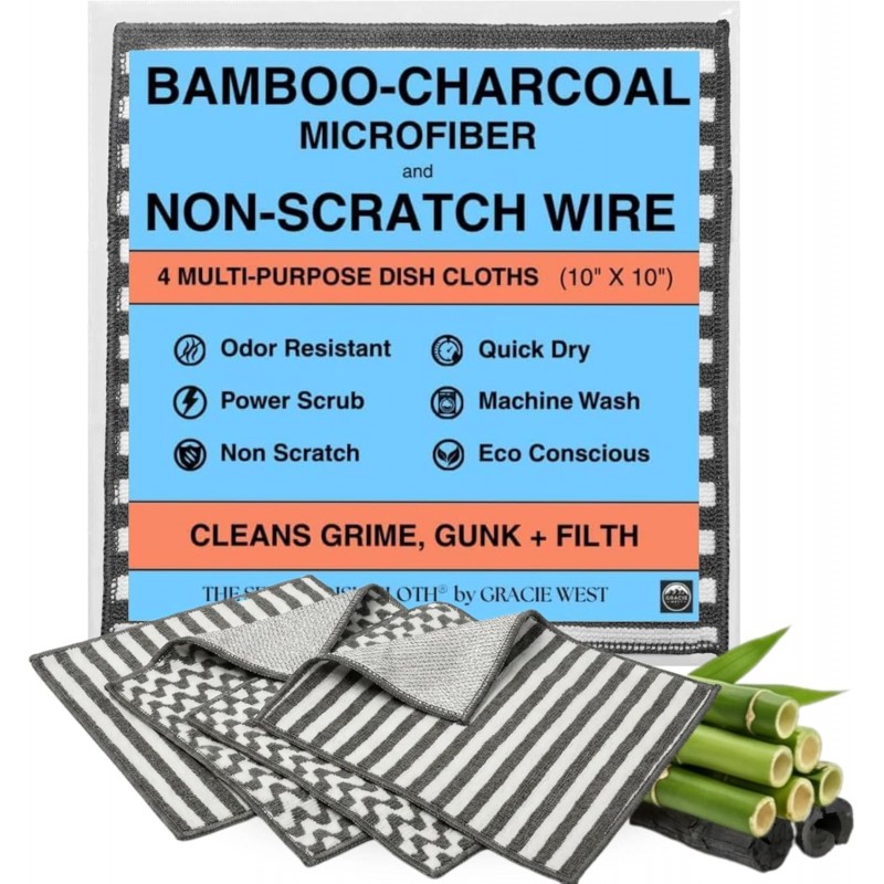 Severn Dish Cloths for Washing Dishes 4pk. Odor-Resistant Dish Rags with Non-Scratch Wire Scrubber Side for Kitchen Cleaning. Grime-Fighting Bamboo-Charcoal Microfiber 2-Sided Dishrags. Machine Wash