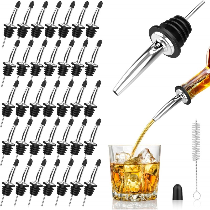 36-Pack Stainless Steel Pour Spouts for Liquor Bottles, Oil, Vinegar, and Wine – Liquor Bottle Pourers with Rubber Dust Caps – Bar Pourers for Bartending