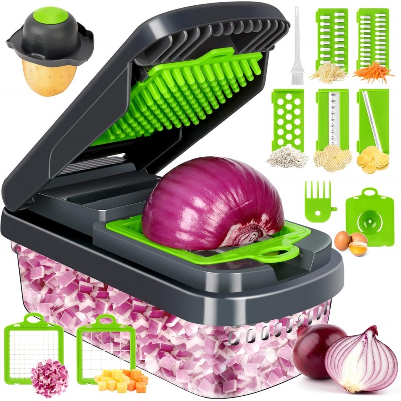 Vegetable Chopper,12-in-1 Multifunctional Food Chopper,Professional Onion Chopper with 7 Blades,Vegetable Cutter with Container for Salad,Potato,Carrot,and Garlic; Essential Kitchen Tool(Grey)