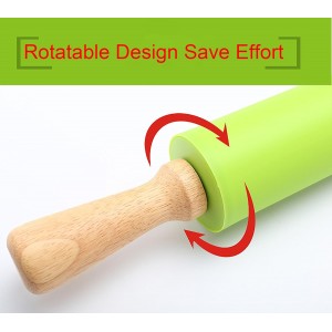 Silicone Rolling Pin, Green 9 Inch Pin with Wooden Rotatable Handle for Dough of Baking Bread, Cookie, Pizza (green, 9 inch)