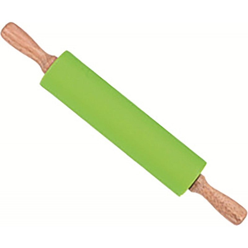 Silicone Rolling Pin, Green 9 Inch Pin with Wooden Rotatable Handle for Dough of Baking Bread, Cookie, Pizza (green, 9 inch)