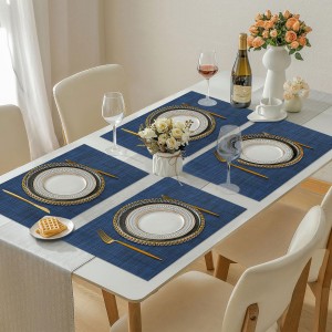 Vinyl Placemats Set of 4, PVC Woven Washable Non-Slip Table Mats, Heat Resistant Wrinkle Free Place Mats for Dining Table, Easy to Clean (4, Navy Blue)