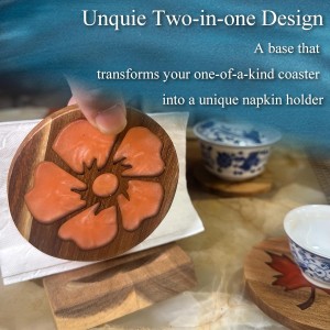 4Pcs Drink Coaster Set with Napkin Holder Conversion Base Acacia Wood with Unique Resin Plant Design for Kinds of Cups Tabletop Protection and Decor for Coffee Table Ideas for Gifts