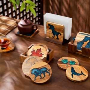 4Pcs Drink Coaster Set with Napkin Holder Conversion Base Acacia Wood with Unique Resin Plant Design for Kinds of Cups Tabletop Protection and Decor for Coffee Table Ideas for Gifts