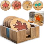 4Pcs Drink Coaster Set with Napkin Holder Conversion Base Acacia Wood with Unique Resin Plant Design for Kinds of Cups Tabletop Protection and Decor for Coffee Table Ideas for Gifts