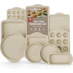 BAKKEN Kitchen Oven Baking Pans - Nonstick Gray Coating, Carbon Steel Bakeware Set with White Silicone Handles, Commercial Restaurant Quality Pans, PFOA, PFOS, PTFE Free, Oven Safe (450° F), Set of 10