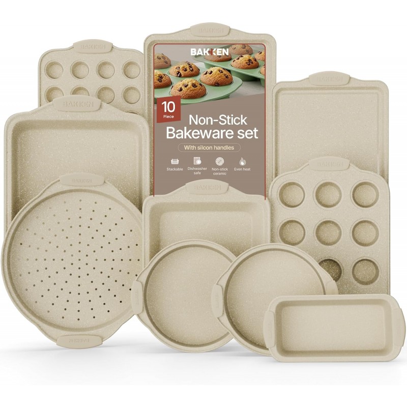 BAKKEN Kitchen Oven Baking Pans - Nonstick Gray Coating, Carbon Steel Bakeware Set with White Silicone Handles, Commercial Restaurant Quality Pans, PFOA, PFOS, PTFE Free, Oven Safe (450° F), Set of 10
