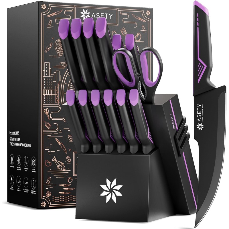 Knife Set - 15 PCS Kitchen Knife Set with Built-in Knife Sharpener Block - Stainless Steel Knife Block Set - Dishwasher Safe, Elegant Box for Men Women