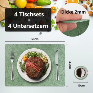 Placemats Set of 4 with 4 Coasters,Carving Floral Design,Non-Slip, Heat Resistant,Washable for Kitchen and Dining Table,Artificial Leather Place Mats (Green)