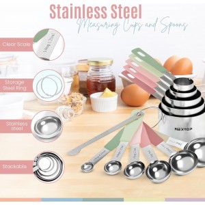 Nextop 14-Piece Stainless Steel Measuring Cups and Measuring Spoons Set with All Stackable Sizes and Leveler for Dry Ingredients, Complete Set for Kitchen & Baking Measuring Tools (Peach Set)