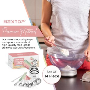 Nextop 14-Piece Stainless Steel Measuring Cups and Measuring Spoons Set with All Stackable Sizes and Leveler for Dry Ingredients, Complete Set for Kitchen & Baking Measuring Tools (Peach Set)
