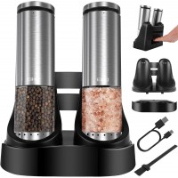 EIHO Electric Salt and Pepper Grinder Set USB Rechargeable, Upgraded External Adjustable Coarseness, Stainless Steel Automatic Salt and Pepper Shakers Mills with LED Light, House Warming Cooking Gifts