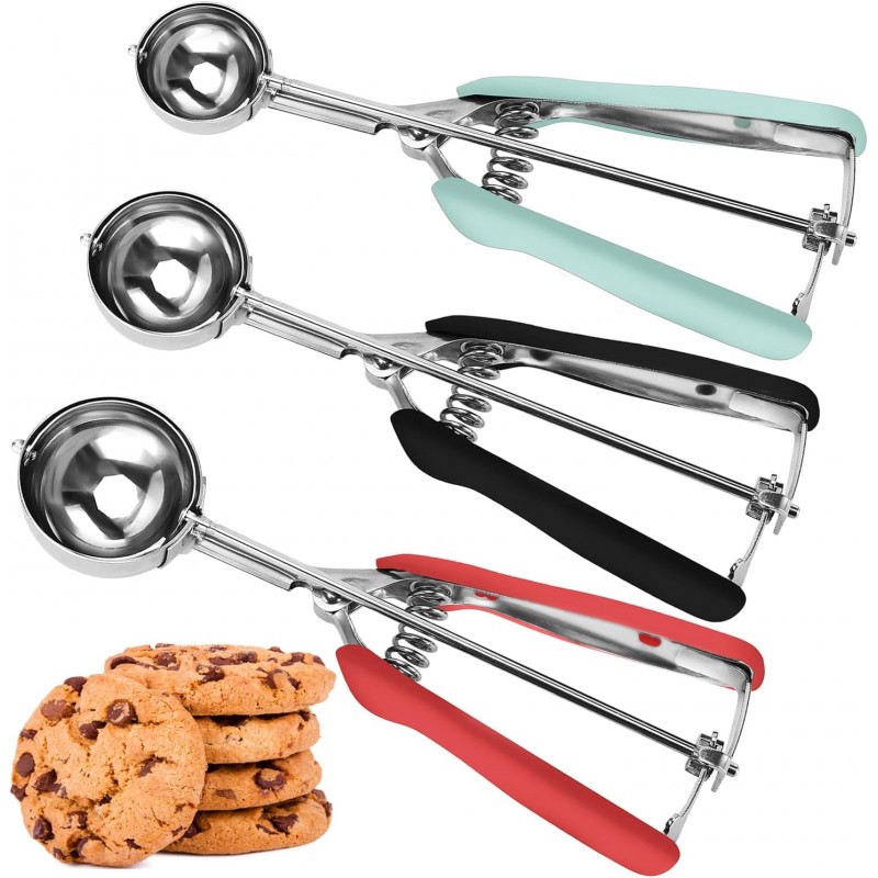 Cookie Scoop Set, Cookie Scoops for Baking Set of 3, Cookie Dough Scoop, 1 Tablespoon/ 2 Tablespoon/ 3 Tablespoon, Red/Black/Mint Handle, For Cookie Cupcake Muffin Ice Cream Truffles