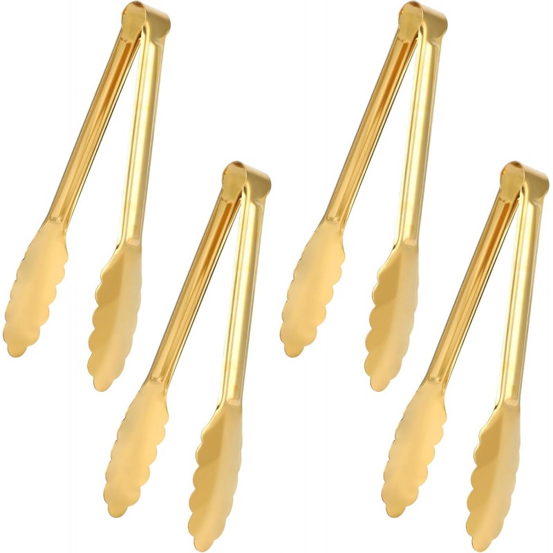 Sunenlyst 4 Pack Gold Buffet Tongs, 9 Inch Stainless Steel Serving Tongs for Food, Salad, Steak, Appetizer, Snack and Small Food (GOLD, 9INCH)
