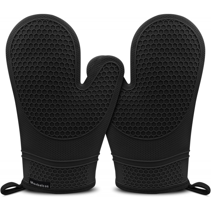 Silicone Oven Mitts Heat Resistant to 500ºF - [Ultra Heat Resistant] [Thickened Liner] [Waterproof Silicone] Kitchen Oven Gloves Mittens for Cooking, 1 Pair (Black)