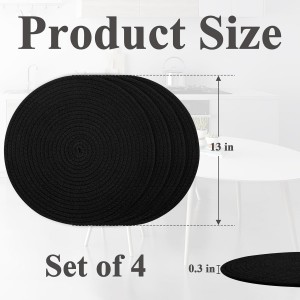 Round Placemats Set of 4, Cotton Rope Thick Place Mats, Heat Resistant Woven Table Mats, Hot Pads for Kitchen, 13 Inches Braided Placemat for Farmhouse and Kitchen Table Decor (Black)