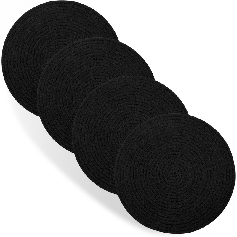 Round Placemats Set of 4, Cotton Rope Thick Place Mats, Heat Resistant Woven Table Mats, Hot Pads for Kitchen, 13 Inches Braided Placemat for Farmhouse and Kitchen Table Decor (Black)