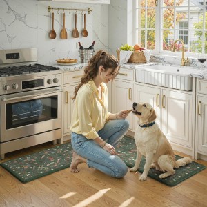 LEEVAN Anti Fatigue Mats for Kitchen Floor Non-Slip, Cushioned Kitchen Mats for Floor 2 Piece, Green Memory Foam Kitchen Mat Set, Waterproof Ergonomic Standing Mat for Bar, Office,Desk, Laundry