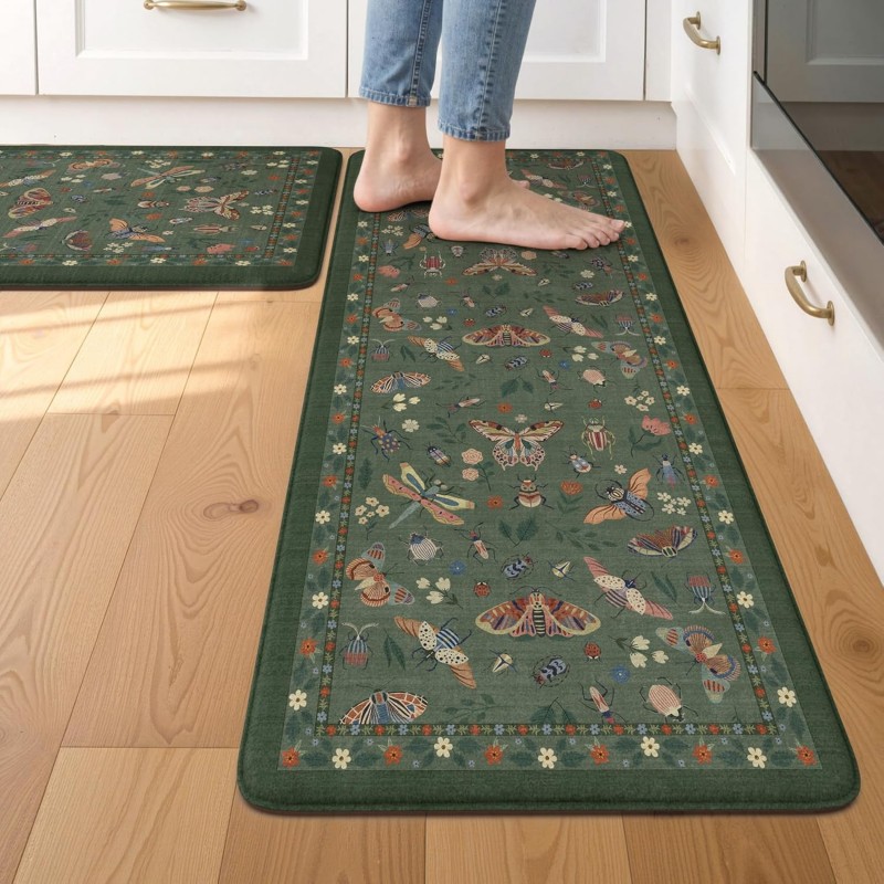 LEEVAN Anti Fatigue Mats for Kitchen Floor Non-Slip, Cushioned Kitchen Mats for Floor 2 Piece, Green Memory Foam Kitchen Mat Set, Waterproof Ergonomic Standing Mat for Bar, Office,Desk, Laundry