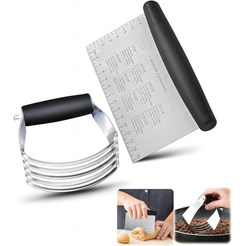 2er Pack Stainless Steel Pastry Blender Cutter and Bench Scraper Set, Efficient Multipurpose Kitchen Baking Tool with Ergonomic Grip Handle for Nut, Pie and Dough Processing (Cutter & Scraper)