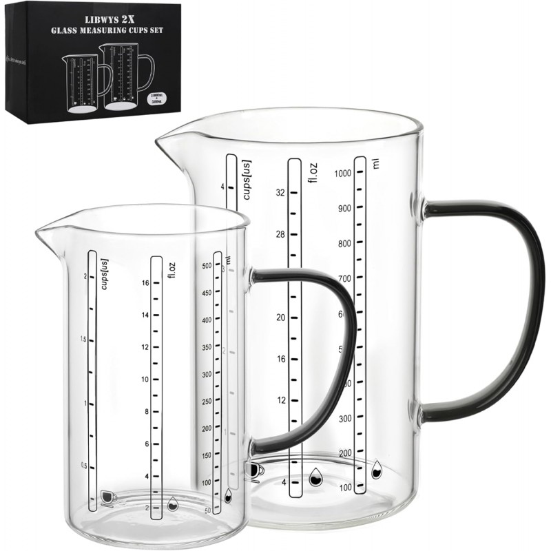 LIBWYS Glass Measuring Cup, 1000ml (32oz)+500ml (16oz) with Anti-slip Silicone Pad, Heat-resistant Borosilicate Glass Liquid Measuring Cup