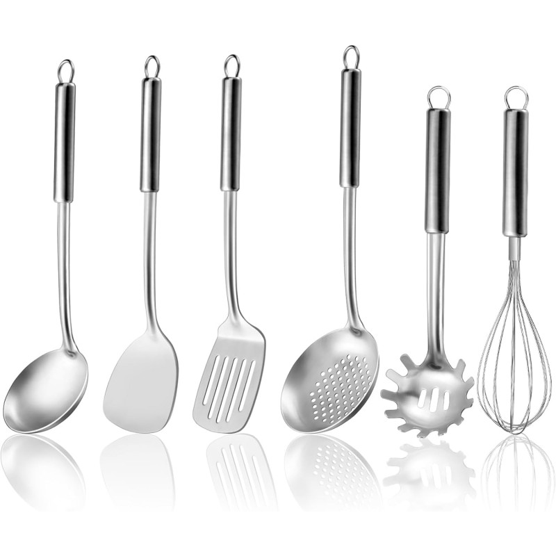 6-Piece Kitchen Cooking Utensils Set, Stainless Steel Kitchen Utensils with Suspendable Handle, Spatula, Slotted Turner, Soup Ladle, Slotted Spoon, Whisk, Pasta Server, Dishwasher Safe