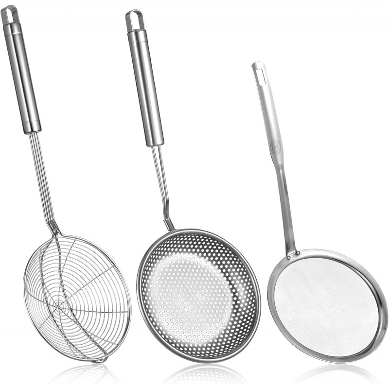 Spider Strainer & Skimmer Spoon Set, 3-Piece Stainless Steel Ladle Metal Wire Sieve Large Holes Slotted Colander Fryer Scoop Fine Mesh Strainers with Long Handle, Food Sifter for Kitchen Cooking