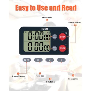 Dual Kitchen Timer Digital - Large Display, Easy to Use and Read, Cooking Timer for Kitchen with Alarm, Magnetic Back, Loud & Silent and Count Up/Countdown Modes, Replaceable AAA Battery