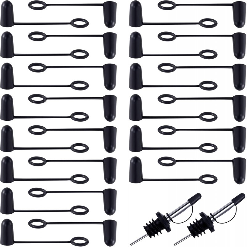 30 PCS Pourers Dust Caps, Rubber Liquor Pour Caps, Black Spout Pourers Covers with Loop, Dustproof Liquor Bottles Spouts Caps