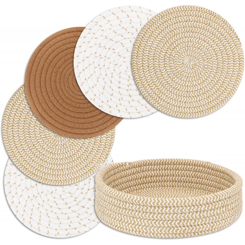 Trivets for Hot Dishes, Pots and Pans, Hot Pads with Storage Basket, Pot Holders for Kitchen, Heat Resistant Mat Protect Counter Home Essentials, Farmhouse Decor (Mix Brown 5 PCS)